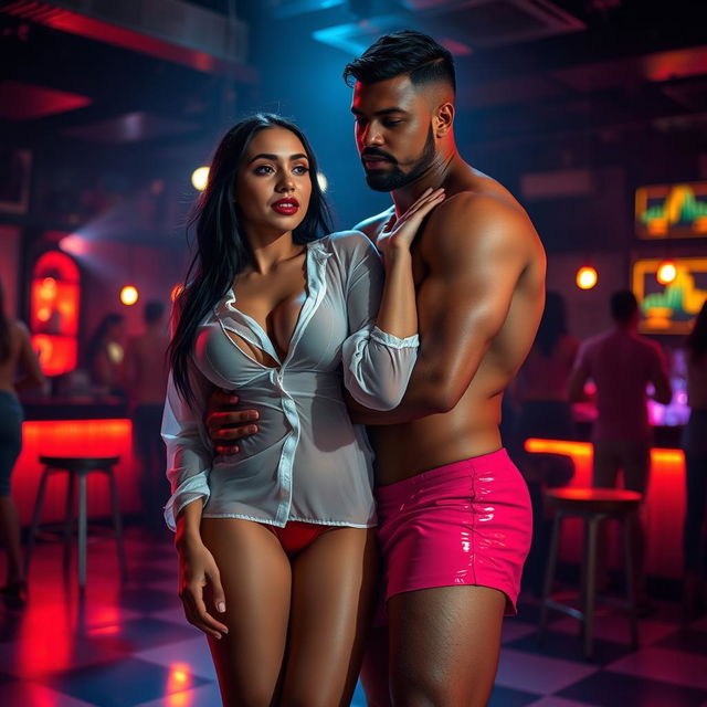 A full-length intimate photo shoot showcasing a breathtaking 22-year-old Arab woman in a transparent white wet shirt and a microskirt, accentuating her sexy boobs, hot navel, and seductive thighs