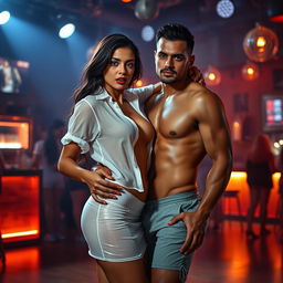 A full-length intimate photo shoot showcasing a breathtaking 22-year-old Arab woman in a transparent white wet shirt and a microskirt, accentuating her sexy boobs, hot navel, and seductive thighs