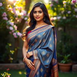 A beautiful and elegant Indian woman wearing a traditional saree that drapes gracefully around her figure