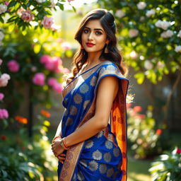 A beautiful and elegant Indian woman wearing a traditional saree that drapes gracefully around her figure