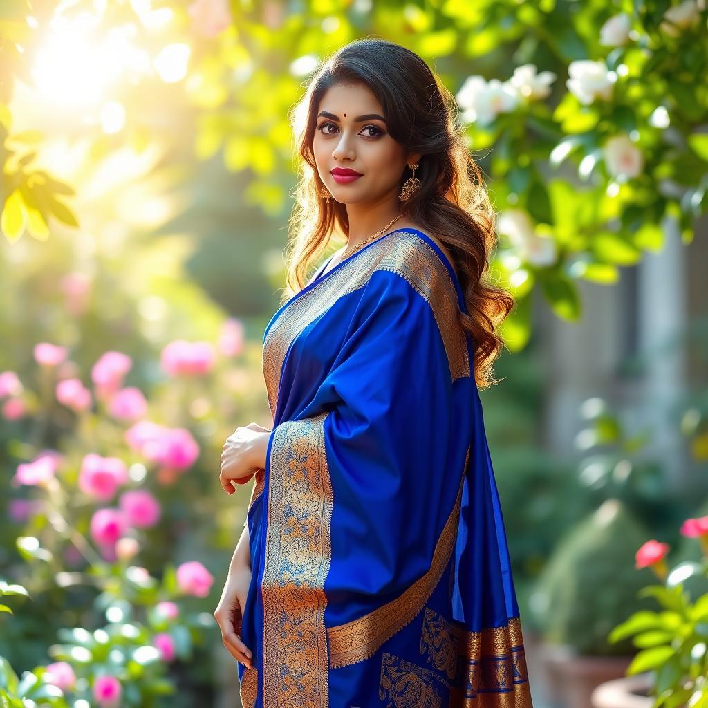 A beautiful and elegant Indian woman wearing a traditional saree that drapes gracefully around her figure
