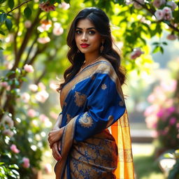 A beautiful and elegant Indian woman wearing a traditional saree that drapes gracefully around her figure