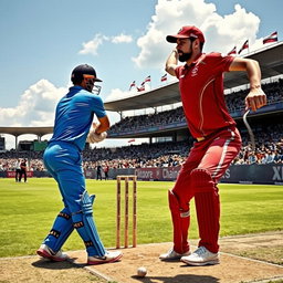 A dramatic cricket scene featuring a tense moment during a match