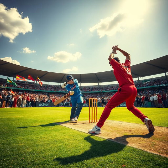 A dramatic cricket scene featuring a tense moment during a match