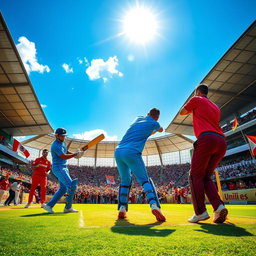 A dramatic cricket scene featuring a tense moment during a match