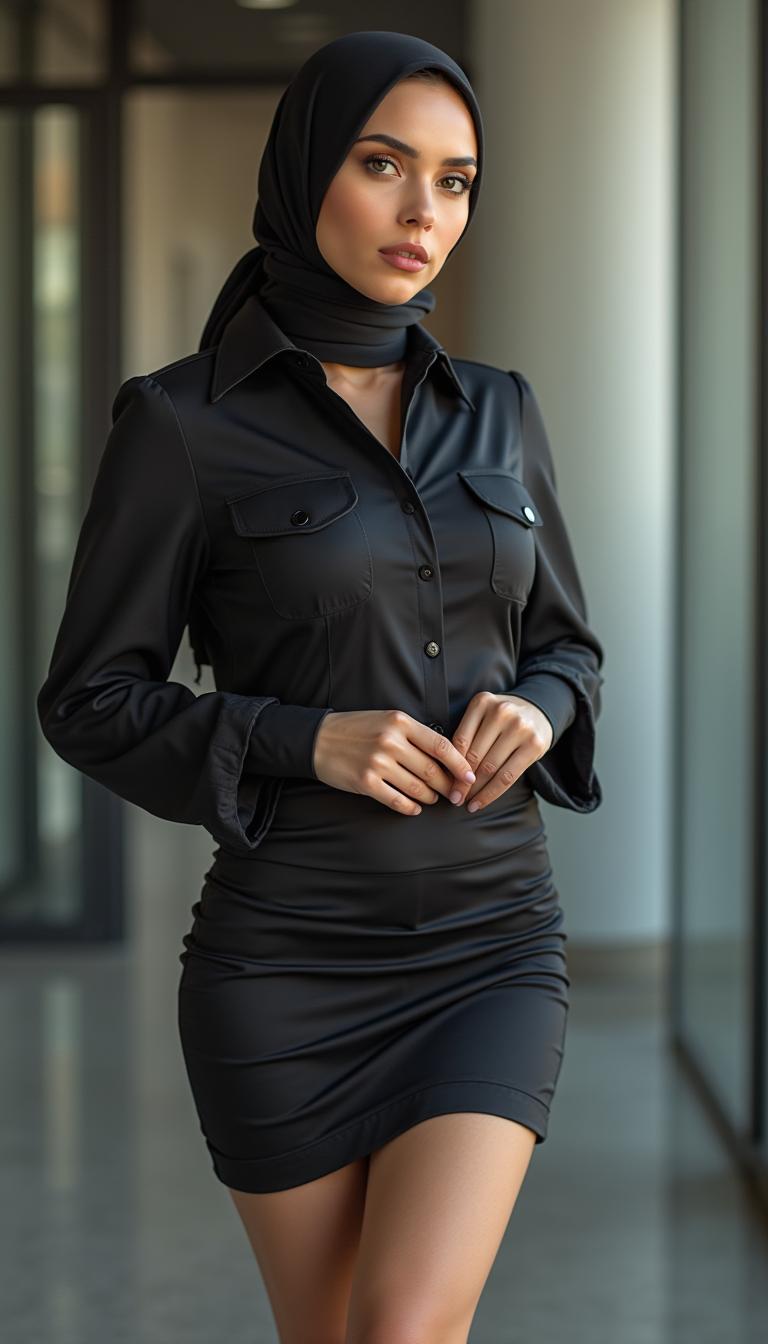 A 46-year-old Slavic woman styled as a secretary, showcasing a sophisticated look in a tight business cleavage shirt paired with a tight short dress