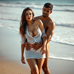 A full-length intimate photo shoot capturing a beautiful 22-year-old Arab woman in a transparent white wet shirt and a microskirt, emphasizing her sexy boobs, hot navel, and seductive thighs