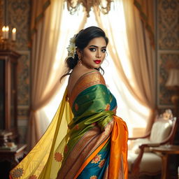 A stunning Indian woman gracefully draped in a colorful saree that flows elegantly around her