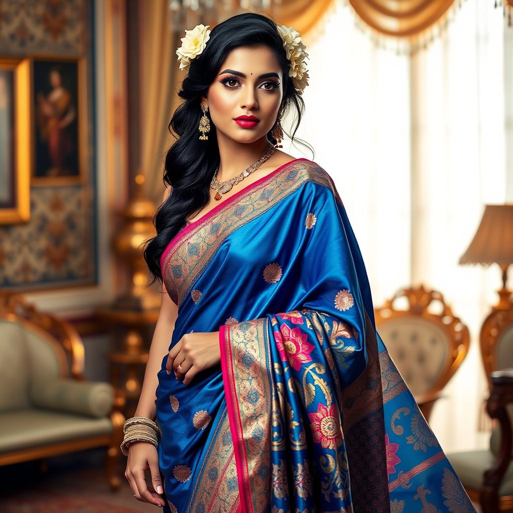 A stunning Indian woman gracefully draped in a colorful saree that flows elegantly around her