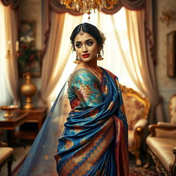 A stunning Indian woman gracefully draped in a colorful saree that flows elegantly around her