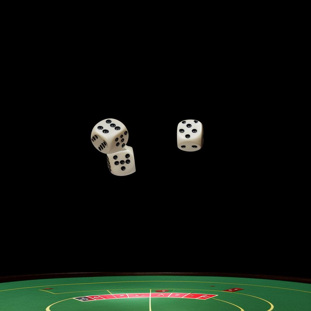 A pair of dice in mid-air, captured in the moment just before they hit the table, showing a random outcome.