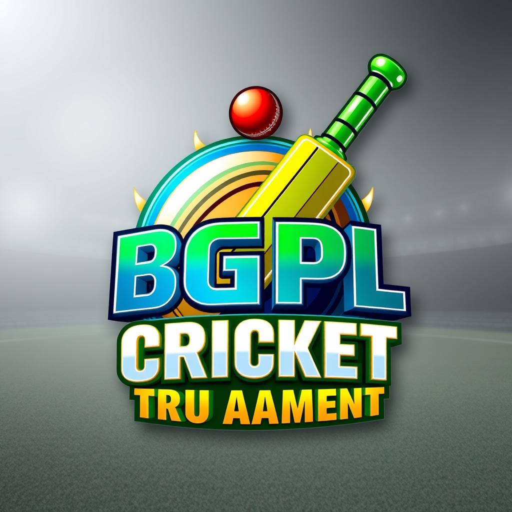A vibrant and dynamic 3D logo for a fictional cricket tournament named 'BGPL CRICKET TRU AMENT'