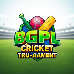 A vibrant and dynamic 3D logo for a fictional cricket tournament named 'BGPL CRICKET TRU AMENT'