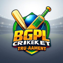 A vibrant and dynamic 3D logo for a fictional cricket tournament named 'BGPL CRICKET TRU AMENT'