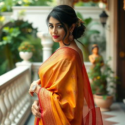 A traditional Indian woman gracefully wearing a saree, elegantly draped, showcasing vibrant colors and intricate patterns