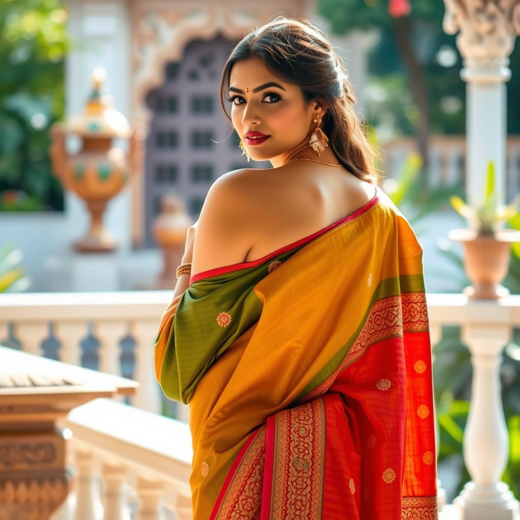 A traditional Indian woman gracefully wearing a saree, elegantly draped, showcasing vibrant colors and intricate patterns