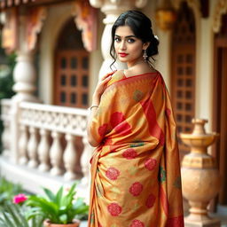 A traditional Indian woman gracefully wearing a saree, elegantly draped, showcasing vibrant colors and intricate patterns