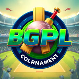 A vibrant and dynamic 3D logo for the BGPL Cricket Tournament featuring a stylized cricket bat and ball intertwined with the letters 'BGPL'