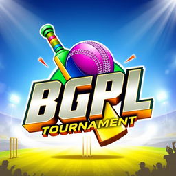 A vibrant and dynamic 3D logo for the BGPL Cricket Tournament featuring a stylized cricket bat and ball intertwined with the letters 'BGPL'