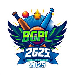 A modern and vibrant 3D logo for the "BGPL Cricket Tournament 2025" featuring a cricket bat and ball, intertwined with stylish lettering that says 'BGPL 2025'