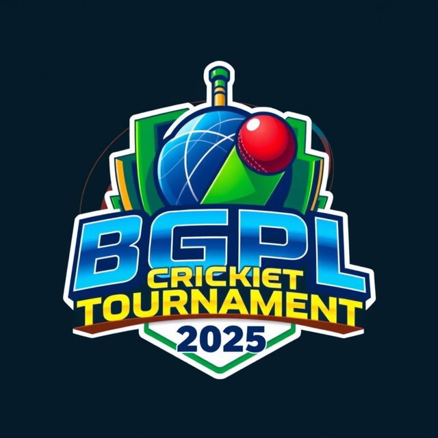 A modern and dynamic 3D logo for the 'BGPL Cricket Tournament 2025', featuring vibrant colors such as green, blue, and gold