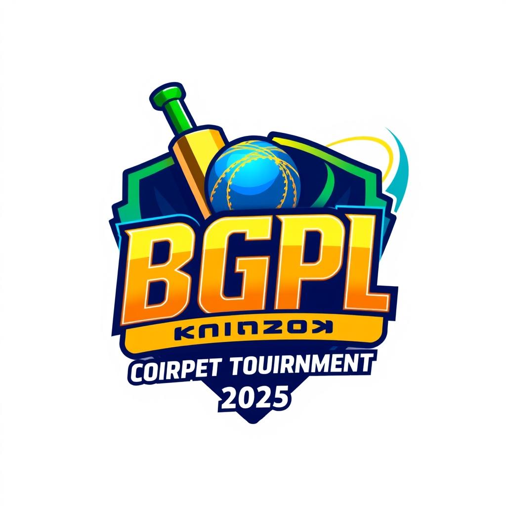 A modern and dynamic 3D logo for the 'BGPL Cricket Tournament 2025', featuring vibrant colors such as green, blue, and gold