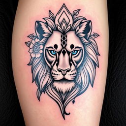 A highly detailed tattoo design of a lion's face, showcasing intricate line work and shading