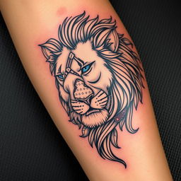 A highly detailed tattoo design of a lion's face, showcasing intricate line work and shading