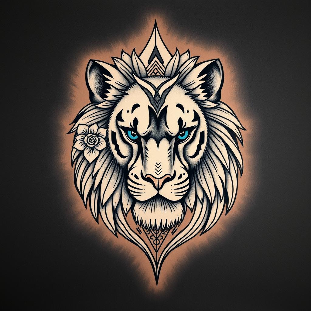 A highly detailed tattoo design of a lion's face, showcasing intricate line work and shading