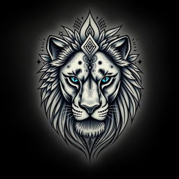 A highly detailed tattoo design of a lion's face, showcasing intricate line work and shading