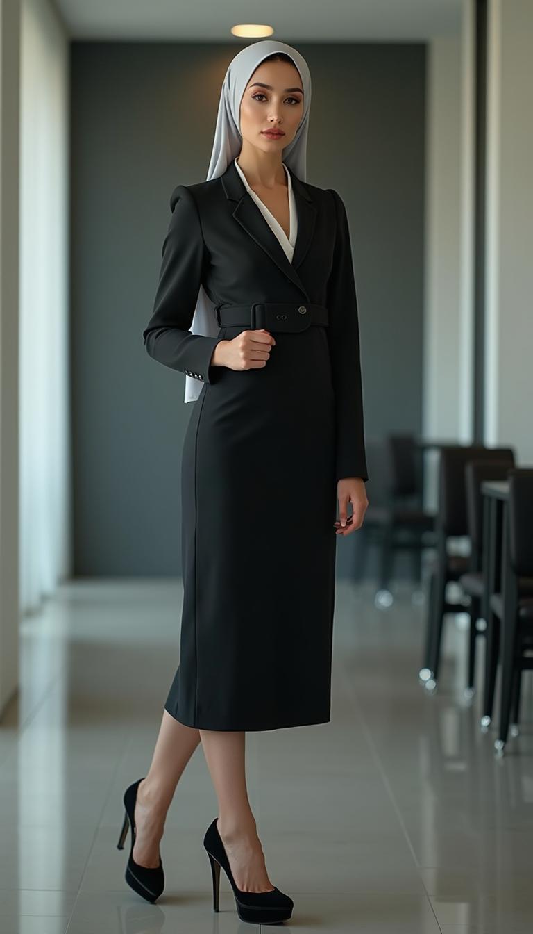 A 46-year-old Slavic secretary in a stylish, tight-fitting business cleavage shirt and a form-fitting business dress, showcasing her figure confidently
