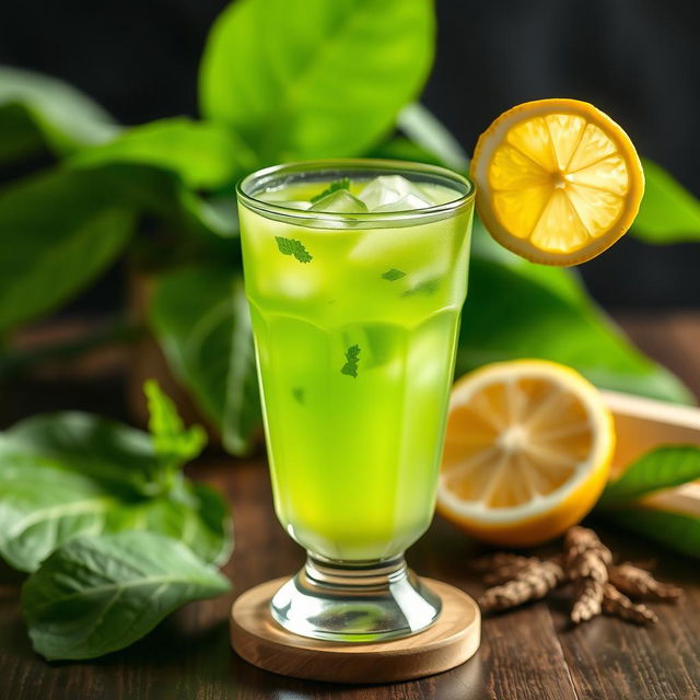 A beautiful glass of Jombang leaf drink, featuring vibrant green hues and a refreshing appearance