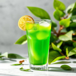 A beautiful glass of Jombang leaf drink, featuring vibrant green hues and a refreshing appearance