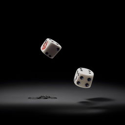 A pair of dice in mid-air, captured in the moment just before they hit the table, showing a random outcome.