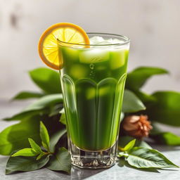 A beautiful glass of Jombang leaf drink, featuring vibrant green hues and a refreshing appearance