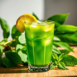 A beautiful glass of Jombang leaf drink, featuring vibrant green hues and a refreshing appearance