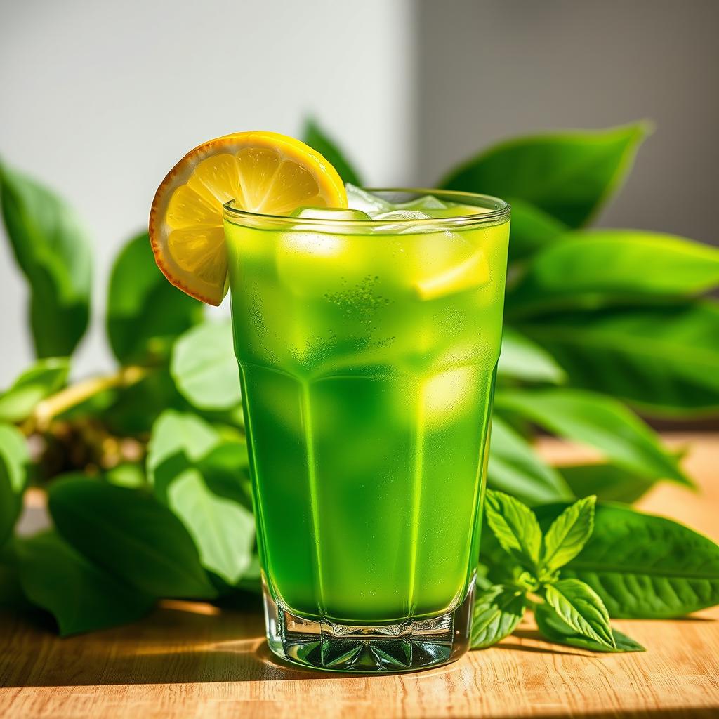 A beautiful glass of Jombang leaf drink, featuring vibrant green hues and a refreshing appearance