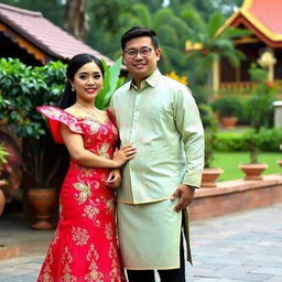 A beautiful couple dressed in traditional Filipino attire, the woman elegantly wearing a Filipiniana gown, which is made of rich, vibrant fabric with intricate embroidery, featuring butterfly sleeves