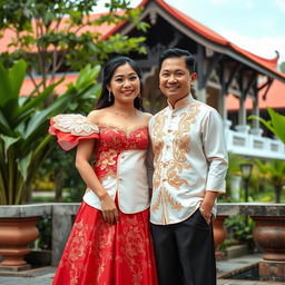 A beautiful couple dressed in traditional Filipino attire, the woman elegantly wearing a Filipiniana gown, which is made of rich, vibrant fabric with intricate embroidery, featuring butterfly sleeves