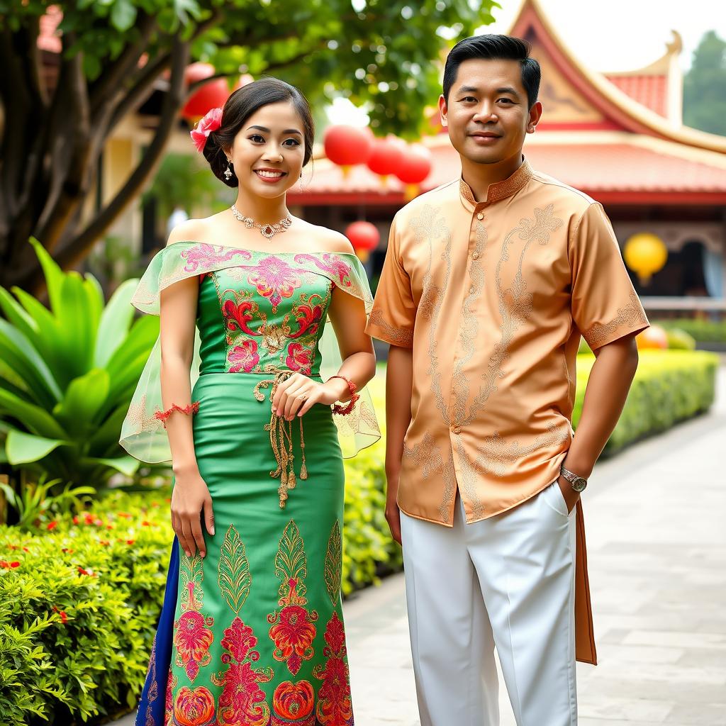 A beautiful couple dressed in traditional Filipino attire, the woman elegantly wearing a Filipiniana gown, which is made of rich, vibrant fabric with intricate embroidery, featuring butterfly sleeves