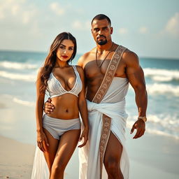 A full-length intimate couple photoshoot set on a beautiful beach resort, featuring a gorgeous 22-year-old Arab woman wearing a transparent white wet shirt and a microskirt