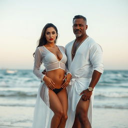 A full-length intimate couple photoshoot set on a beautiful beach resort, featuring a gorgeous 22-year-old Arab woman wearing a transparent white wet shirt and a microskirt