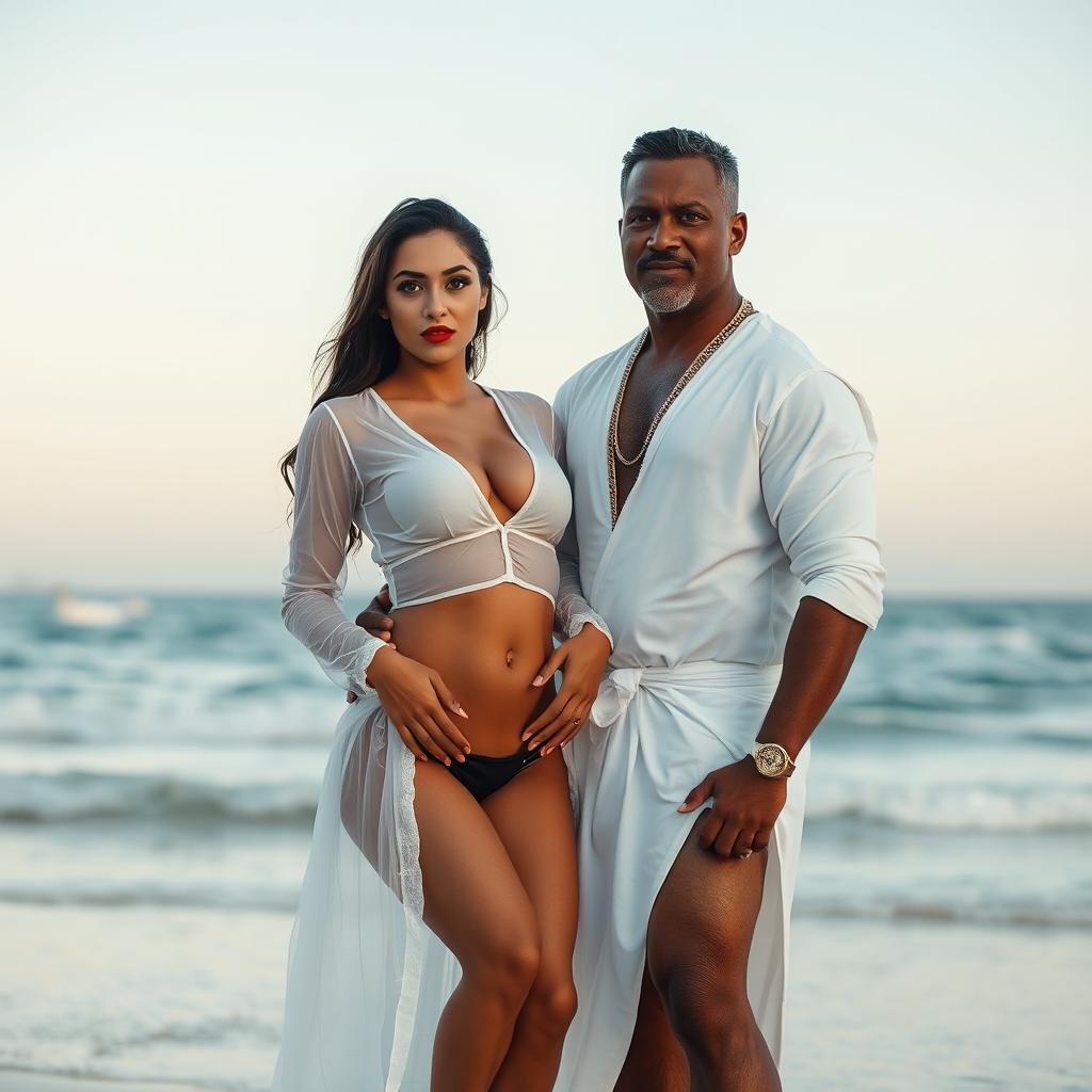 A full-length intimate couple photoshoot set on a beautiful beach resort, featuring a gorgeous 22-year-old Arab woman wearing a transparent white wet shirt and a microskirt