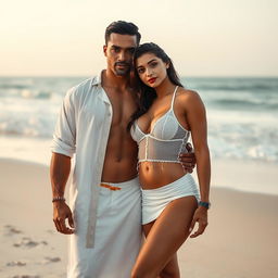 A full-length intimate couple photoshoot set on a beautiful beach resort, featuring a gorgeous 22-year-old Arab woman wearing a transparent white wet shirt and a microskirt