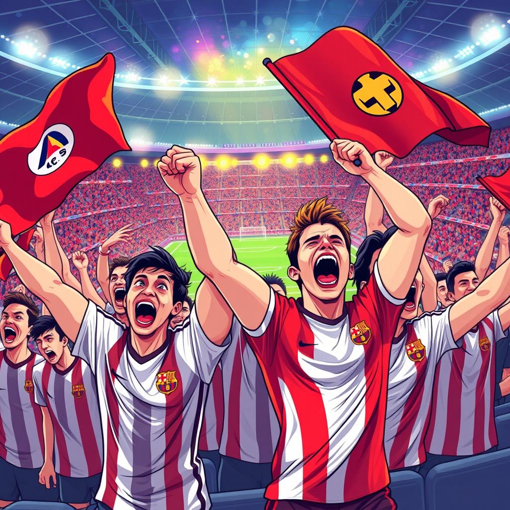 A vibrant and dynamic vector art illustration of passionate ultras football supporters in a stadium, waving flags and banners, with intense expressions of joy and excitement