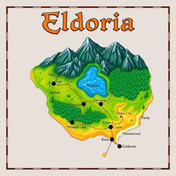 A physical map of an imaginary nation titled 'Eldoria'