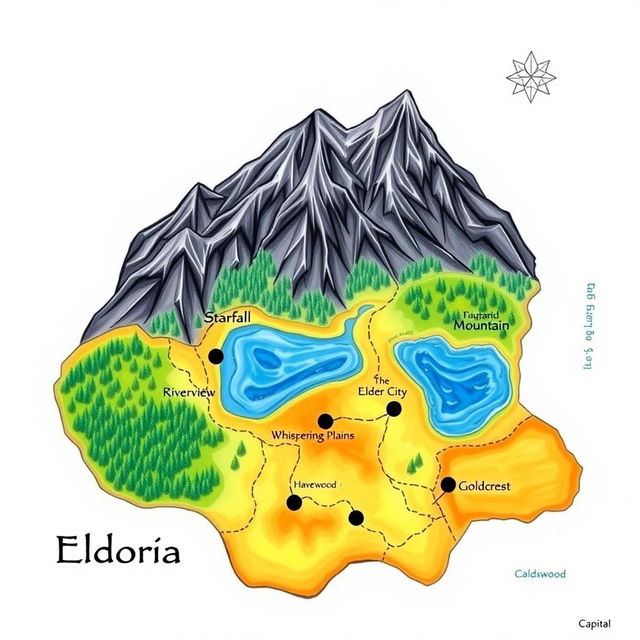 A physical map of an imaginary nation titled 'Eldoria'