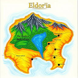 A physical map of an imaginary nation titled 'Eldoria'