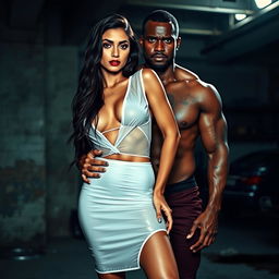 A full-length intimate couple photoshoot set in a gritty garage environment, featuring a stunning 22-year-old Arab woman wearing a transparent white wet shirt and a microskirt