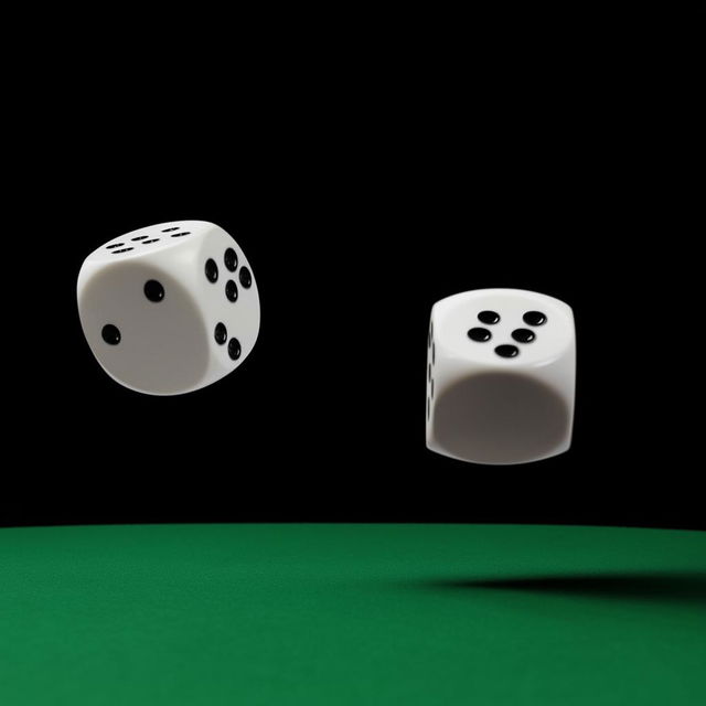 A pair of dice in mid-air, captured in the moment just before they hit the table, showing a random outcome.